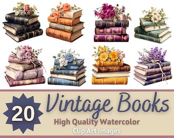 Aquarel Vintage antieke boeken en bloemen PNG-bundel - Romantische Vintage bloemenboeken Aquarel PNGs - HQ Boekenliefhebber Gezellige leesbibliotheek
