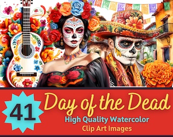 Dia de los Muertos PNG Watercolor Bundle | Catrina Calavera Sugar Skull Mexican Clipart | Dia de Muertos Clipart | Cardmaking Embellishment
