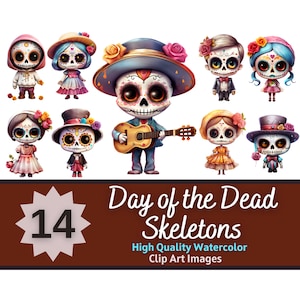 Pacote aquarela de clipart de caveira doce Dia de los Muertos | Clipart mexicano de caveira kawaii | Dia dos Mortos PNG | Enfeite para confecção de cartões