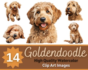 Goldendoodle Clipart Watercolor Bundle | Dog Portrait | Golden Doodle PNG |  Dog Lover Art | Junk Journal Dogs | Cardmaking Embellishment