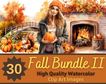 Fall Love II PNG Watercolor Bundle | Cozy Autumn Clipart | Junk Journal Printable | Rustic Fall Seasonal Clipart | Cardmaking Embellishment