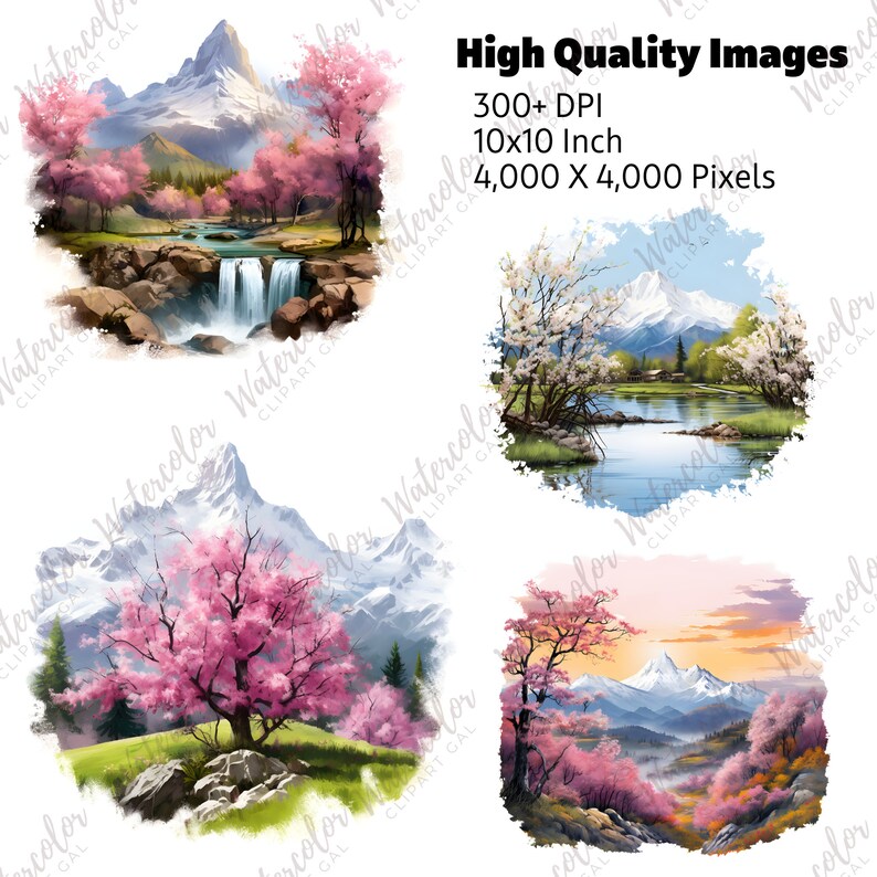 Spring Mountain Clipart Watercolors Spring Clipart Rustic Spring Nature ...