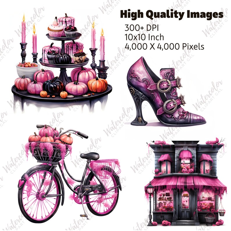 Pink Halloween PNG Watercolor Bundle | Pink Halloween Clipart | Cute Halloween | Halloween Junk Journal | Cardmaking Embellishment image 3