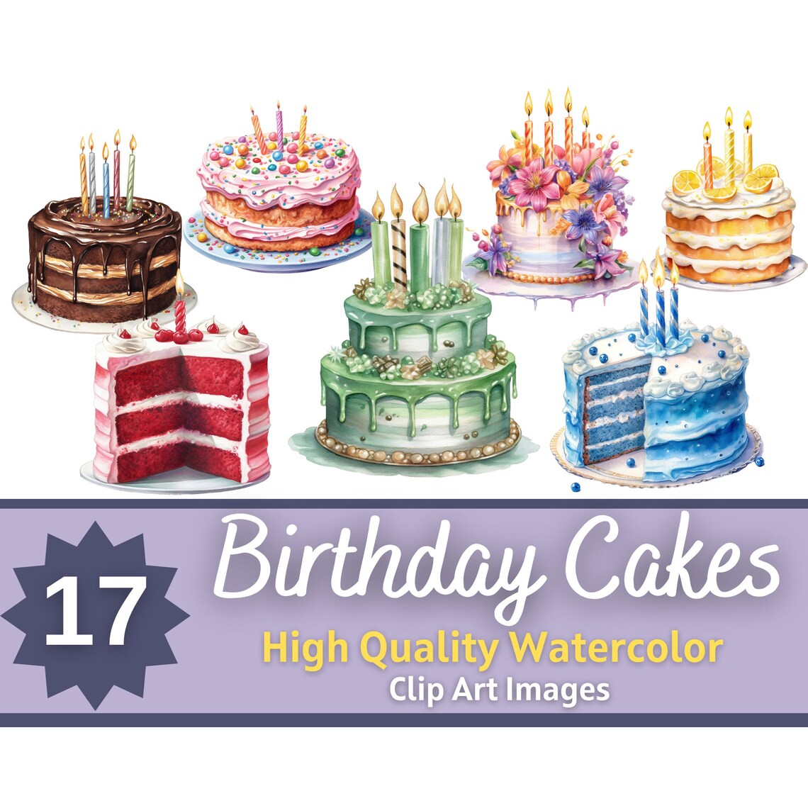 Watercolor Birthday Cake Clipart PNG Bundle - Birthday Party Clipart ...