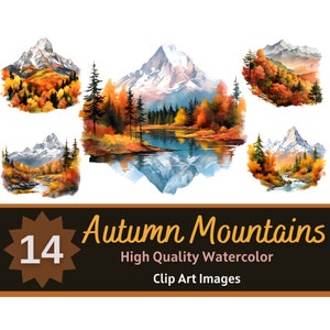 Autumn Watercolor Mountain Clipart Bundle | Rocky Mountain PNG | Rustic Autumn Clipart | Seasonal Clipart | Autumn Junk Journal Printable