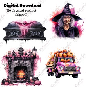 Pink Halloween PNG Watercolor Bundle | Pink Halloween Clipart | Cute Halloween | Halloween Junk Journal | Cardmaking Embellishment image 4