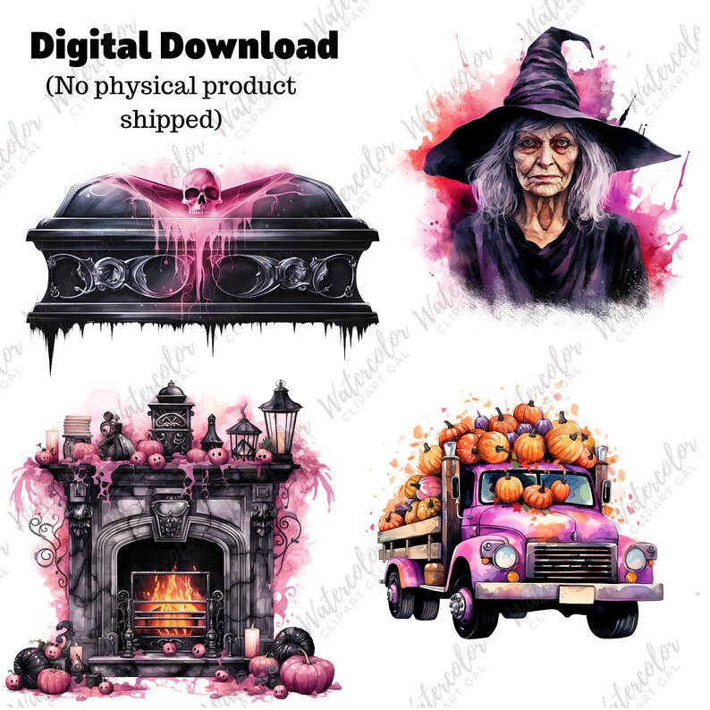 Pink Halloween PNG Watercolor Bundle | Pink Halloween Clipart | Cute Halloween | Halloween Junk Journal | Cardmaking Embellishment image 4