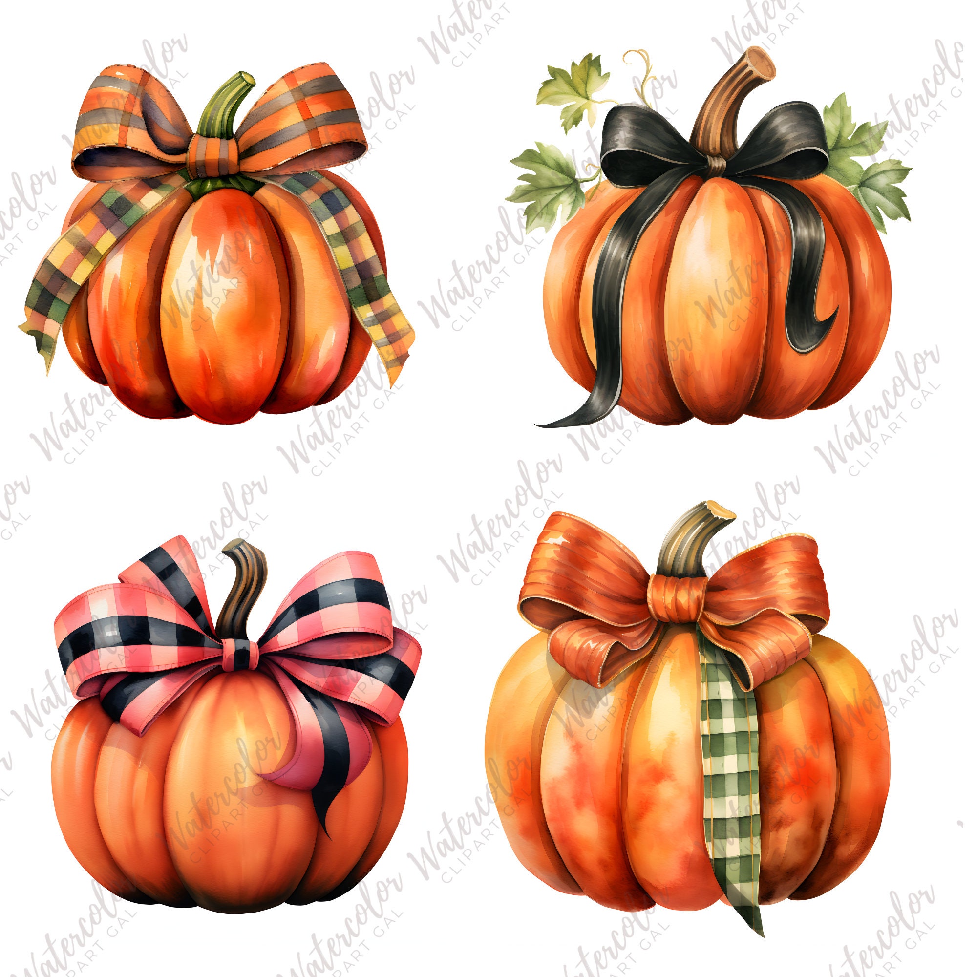 Fall Pumpkins With Bows Watercolor PNG Bundle | Cottagecore Pumpkins ...