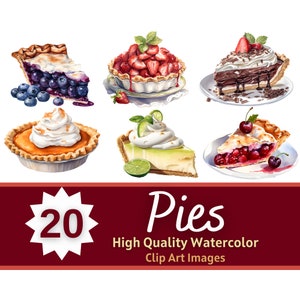 Torta Clipart PNG Pacote Aquarela | Sobremesa Clipart | Ação de Graças | Convite de festas da torta | Clipart de cozimento | Doces PNG | Enfeite de cartão