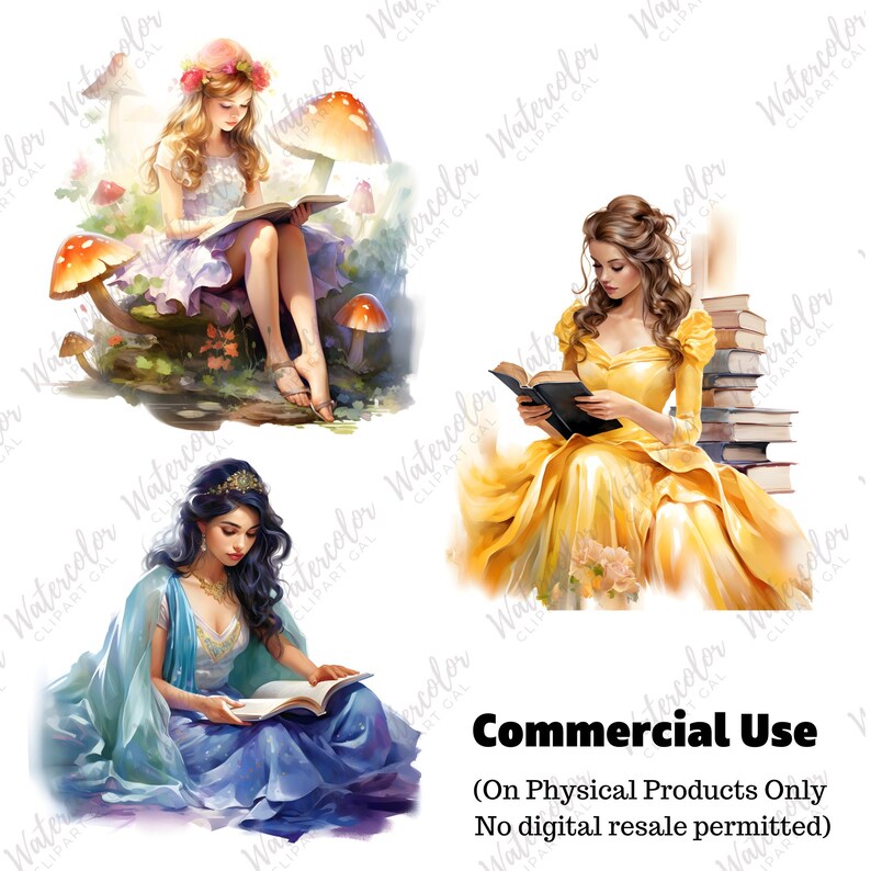 Peut inclure: Trois illustrations &agrave; l'aquarelle de personnages lisant des livres. Un personnage est assis parmi des champignons, un porte une robe jaune pr&egrave;s d'une pile de livres, et un porte une robe bleue. Le texte indique Commercial Use (On Physical Products Only No digital resale permitted).