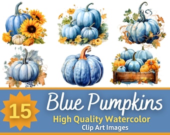Paquete PNG de acuarela de calabazas azules de otoño - PNG de calabazas azules de Halloween para sublimación - HQ imprimible Autumn Cottagecore Digital Clipart