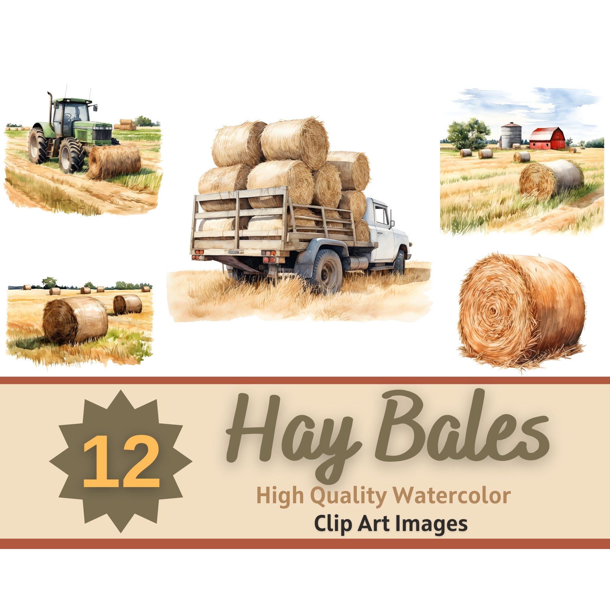 Hay Bale PNG Watercolor Bundle | Vintage Farm PNG | Rustic Farm Art | Junk Journal Farm | Cardmaking | Farm Nursery Decor | Bale of Hay