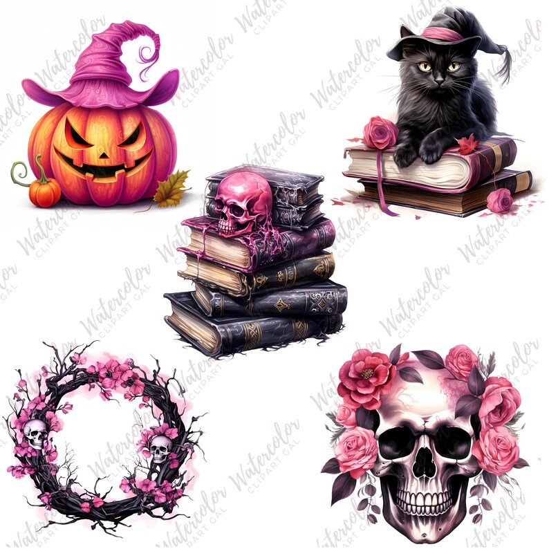 May include: A set of Halloween digital clipart featuring a jack-o'-lantern, a black cat wearing a witch's hat, a skull with pink roses, a wreath with pink flowers and skulls, and a stack of old books with a skull on top.
