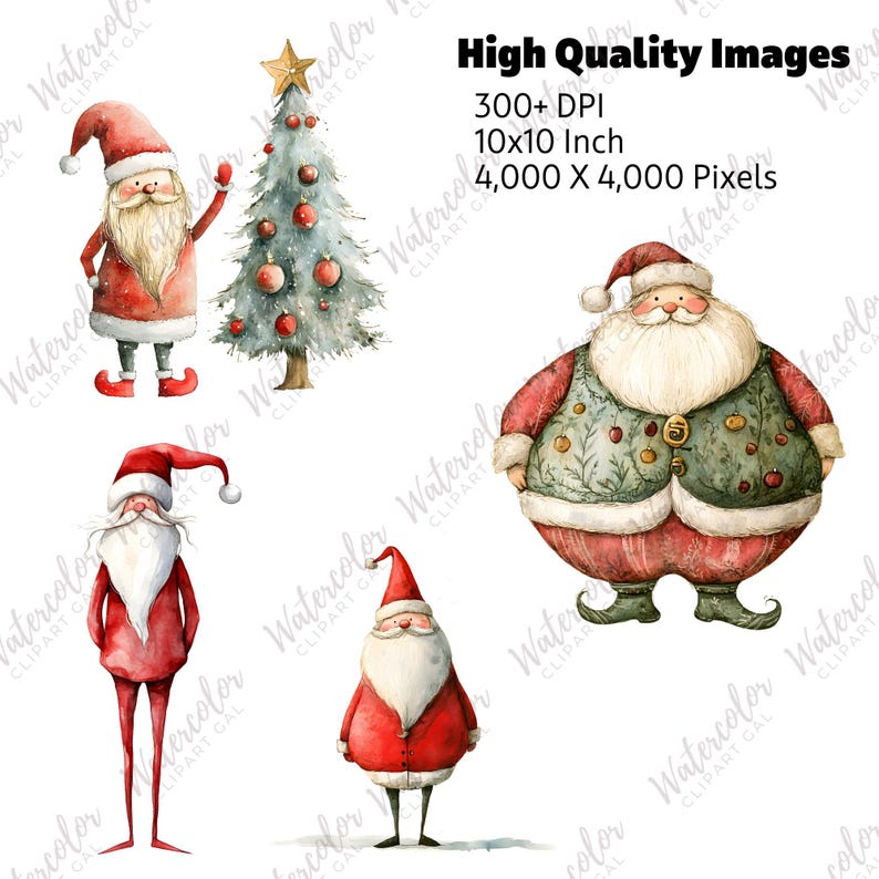 May include: Four watercolor illustrations of Santa Claus in different poses. One Santa is holding a Christmas tree, another is standing with his arms crossed, and the other two are standing with their hands on their hips. The illustrations are all in a cartoon style and are perfect for use in holiday crafts and projects.