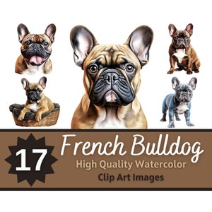 Pacote aquarela de clipart de buldogue francês | Retrato de cachorro | Bulldog Francês PNG | Arte do amante do cão | Cães do Junk Journal | Enfeite para confecção de cartões