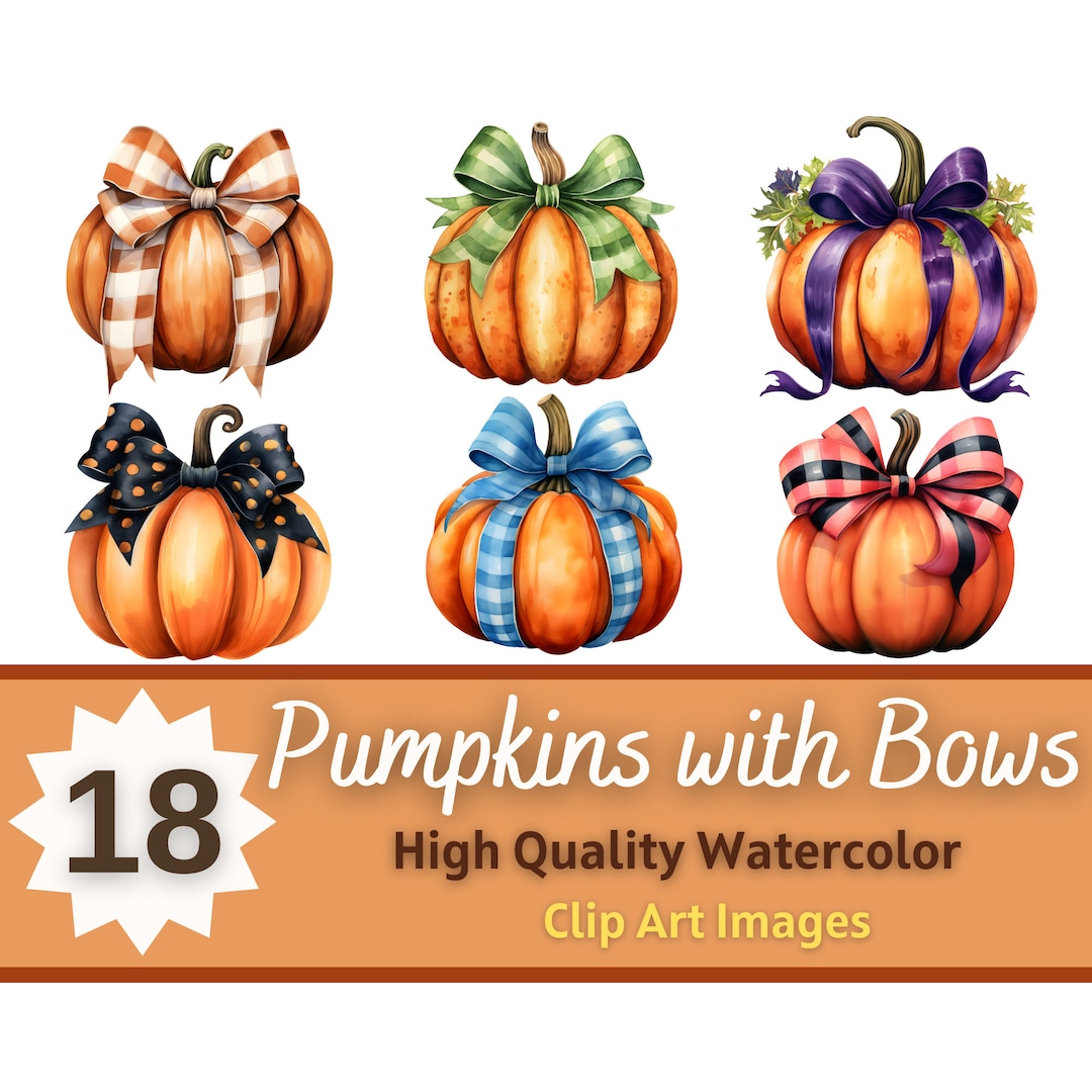 Fall Pumpkins With Bows Watercolor PNG Bundle | Cottagecore Pumpkins ...