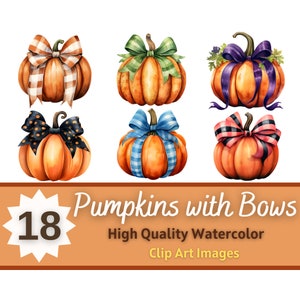 Fall Pumpkins with Bows Watercolor PNG Bundle | Cottagecore Pumpkins | Seasonal Clipart | Holiday Junk Journal | Coquette Halloween