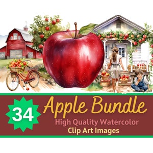 Acogedor paquete de imágenes prediseñadas de acuarela PNG de Apple de otoño / Diario basura temático de Apple imprimible / Cottagecore Apple Clipart / Embellecimiento de fabricación de tarjetas