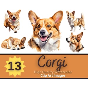 Lot de cliparts aquarelle Corgi | Portrait de chien | Corgi PNG | Art amoureux des chiens | Junk Journal Chiens | Embellissement de fabrication de cartes