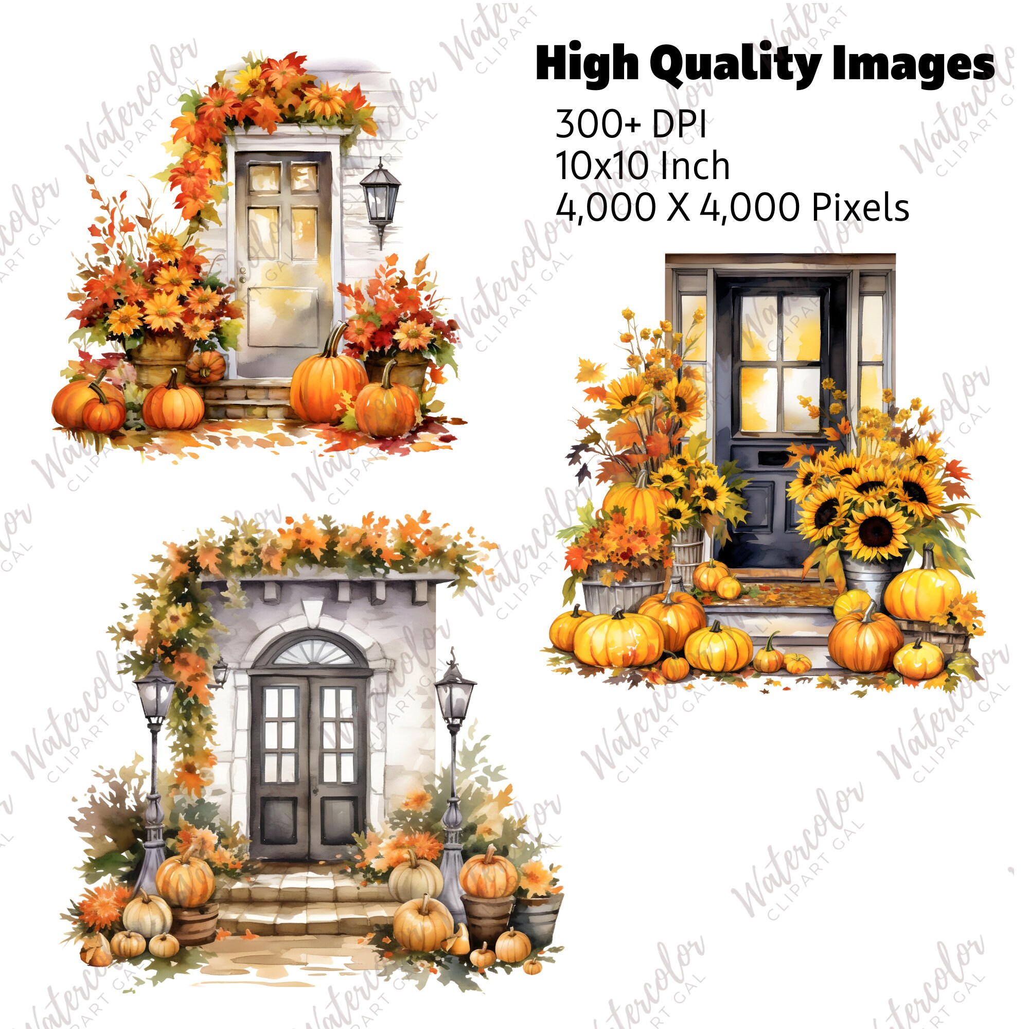 Fall Autumn Porches Watercolor PNG Bundle Fall Door Pngs for ...