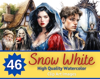 Snow White PNG Watercolor Bundle | Snow White Clipart | Fairytale Princess Clipart | Fantasy Clipart | Junk Journal | Snow White and Dwarfs
