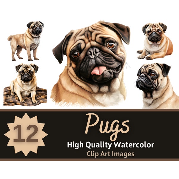 Pug Clipart Watercolor Bundle | Dog Portrait | Pugs PNG |  Dog Lover Art | Pug Mom | Junk Journal Dogs | Cardmaking Embellishment