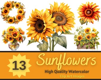 Sunflower Clipart PNG Watercolor Bundle | Sunflower PNG | Floral Clipart | Flowers Clipart | Floral Junk Journal | Cardmaking Embellishment