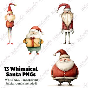May include: A set of 13 whimsical watercolor Santa Claus illustrations. The Santas are in various poses, some holding gifts, some with a jolly expression, and some with a more serious look. The illustrations are perfect for adding a festive touch to your holiday projects.