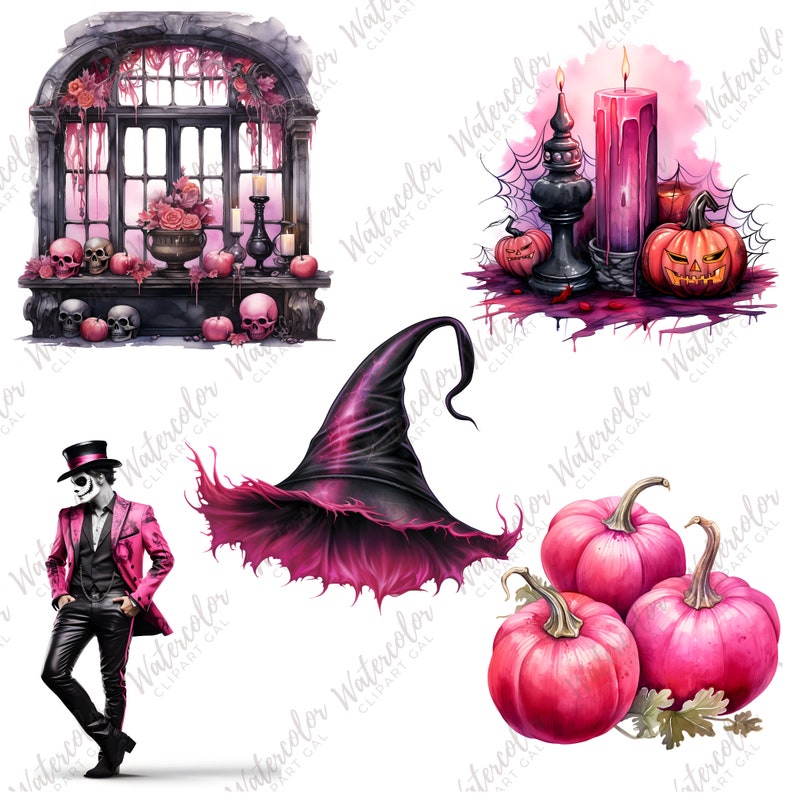 May include: A set of Halloween digital clipart featuring a witch's hat, a spooky window with skulls and apples, a jack-o-lantern, a candle, and a skeleton in a pink suit.