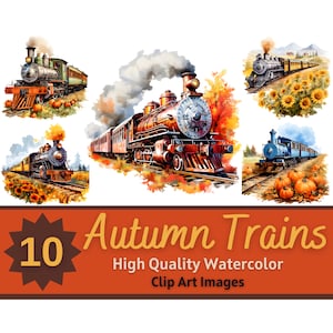 Pacote de clipart de trem aquarela de outono | Trem Vintage PNG | Trem a Vapor | Jornal lixo para impressão | Trem retrô | Clipart de outono rústico
