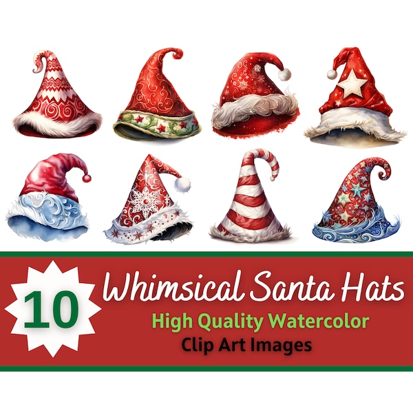 Whimsical Santa Hats Clipart PNG Watercolor Bundle | Unique Santa Hat | Christmas Cardmaking Embellishment | Junk Journal | Holiday Planner