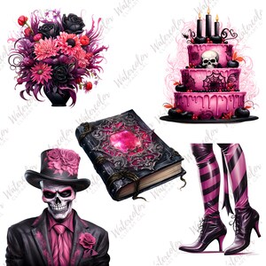 May include: A set of five digital illustrations featuring a pink and black gothic theme. The illustrations include a bouquet of pink and black flowers in a black vase, a pink and black cake with a skull on top, a black book with a pink gem, a skeleton wearing a pink top hat and pink and black striped stockings and shoes.