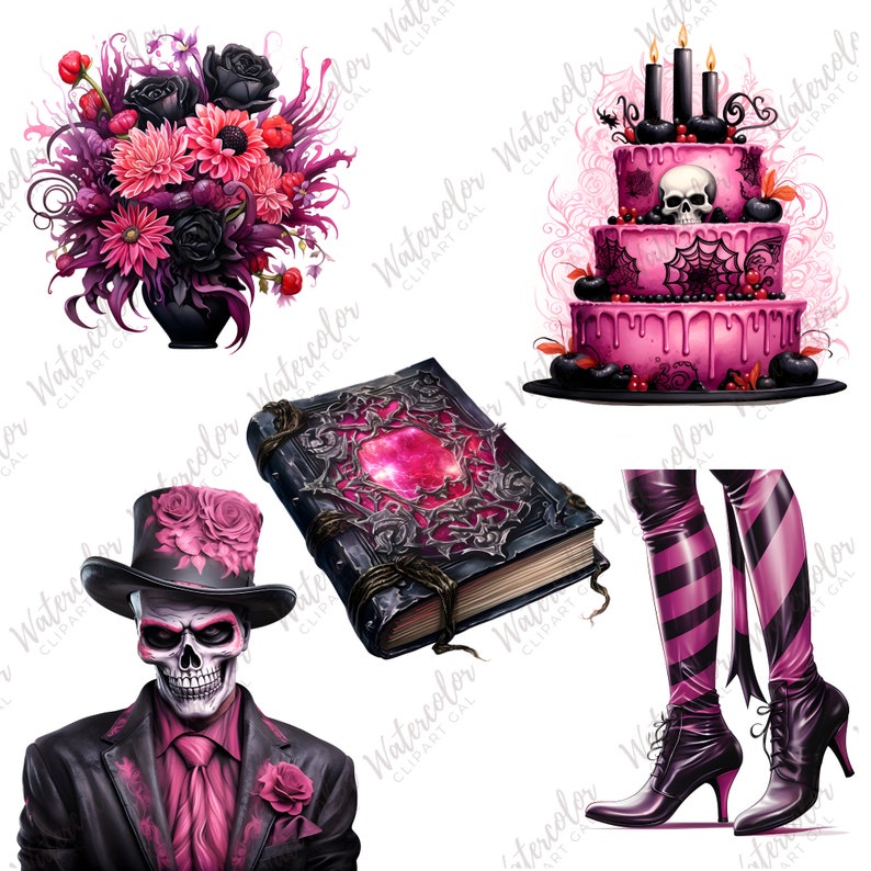 May include: A set of five digital illustrations featuring a pink and black gothic theme. The illustrations include a bouquet of pink and black flowers in a black vase, a pink and black cake with a skull on top, a black book with a pink gem, a skeleton wearing a pink top hat and pink and black striped stockings and shoes.