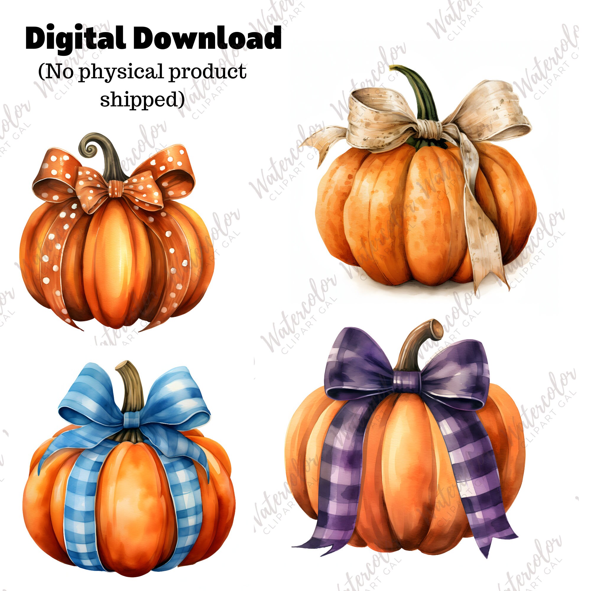 Fall Pumpkins With Bows Watercolor PNG Bundle | Cottagecore Pumpkins ...