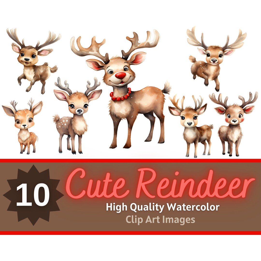 Santa's Reindeer Clipart PNG Watercolor Bundle | Cute Reindeer Clipart ...