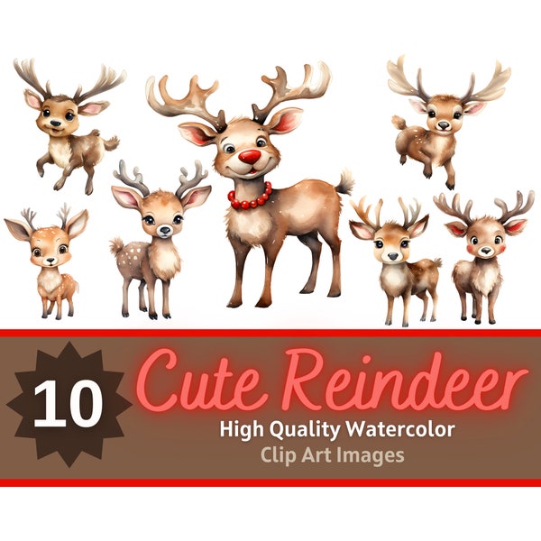 Santa's Reindeer Clipart PNG Watercolor Bundle | Cute Reindeer Clipart | Christmas Cardmaking Embellishment | Junk Journal | Holiday Planner