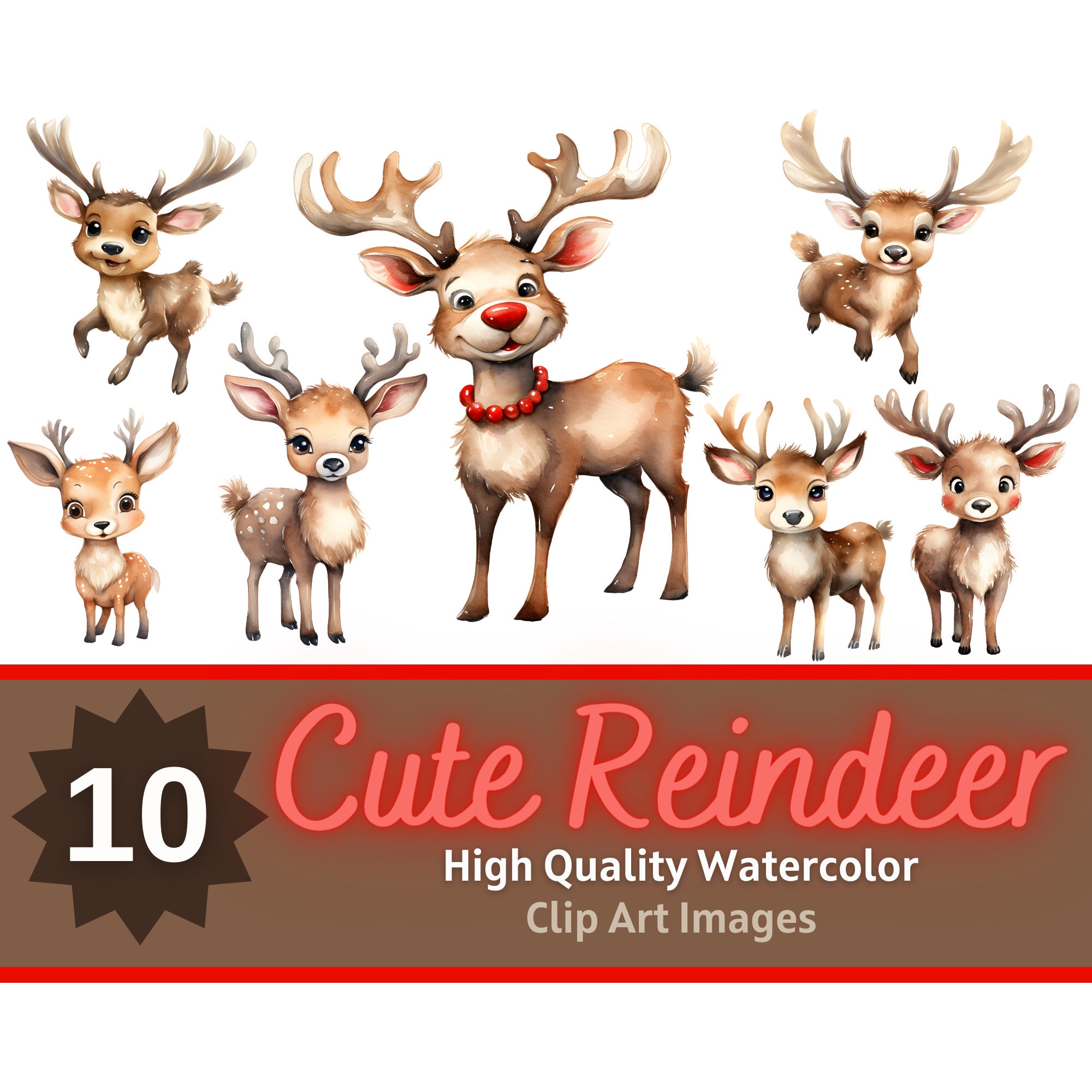 Santa's Reindeer Clipart PNG Watercolor Bundle Cute Reindeer Clipart ...