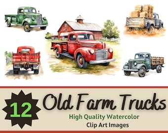Vintage Farm Truck Clipart Watercolor PNG Bundle | Farm Digital Print | Rustic Farm Art | Junk Journal Farm | Farm Nursery Decor | Red Truck