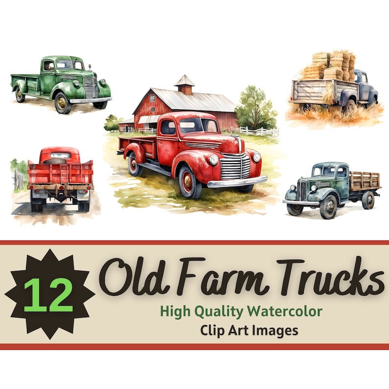 Vintage Farm Truck Clipart Watercolor PNG Bundle Farm Digital Print