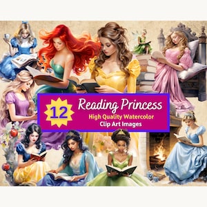 Peut inclure: Une collection de 12 images clip art &agrave; l'aquarelle repr&eacute;sentant diverses princesses lisant des livres. La banni&egrave;re violette centrale affiche le texte 12 Reading Princess High Quality Watercolor Clip Art Images, entour&eacute; d'illustrations de personnages en robes color&eacute;es.