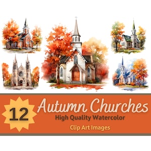 May include: Twelve watercolor illustrations of churches in autumnal settings. Each church is depicted with vibrant fall foliage and a unique architectural style. The illustrations are perfect for adding a touch of autumn charm to your projects.