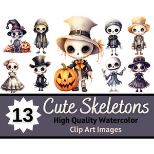 Halloween Cute Skeleton PNG Watercolor Bundle | Kawaii Skull Clipart | Spooky Season Vibes | Halloween Planner | Cardmaking Embellishment