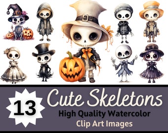 Halloween Cute Skeleton PNG Watercolor Bundle | Kawaii Skull Clipart | Spooky Season Vibes | Halloween Planner | Cardmaking Embellishment
