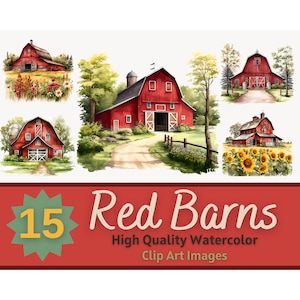 Vintage rode schuur clipart aquarel PNG bundel | Boerenhuis PNG's | Rustieke boerderijkunst | Junk Journal-boerderij | Versiering van kaarten maken