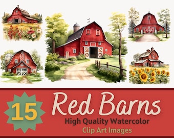Vintage Red Barn Clipart Watercolor PNG Bundle | Farmers House PNGs | Rustic Farm Art | Junk Journal Farm | Cardmaking Embellishment
