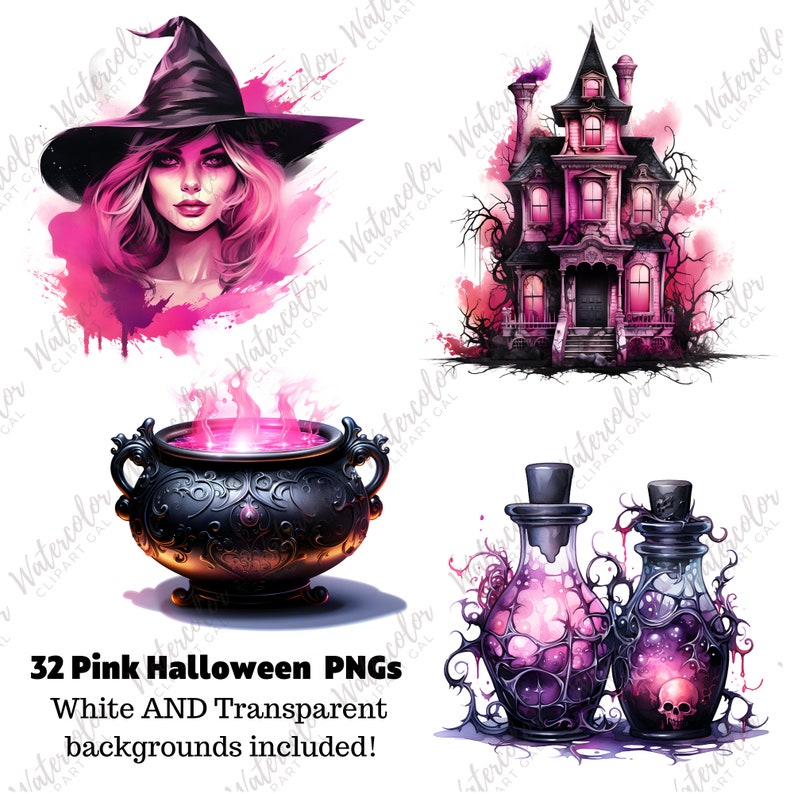 May include: A set of 32 pink Halloween digital illustrations. The illustrations include a witch, a haunted house, a cauldron, and two potion bottles. The illustrations are on a white background.