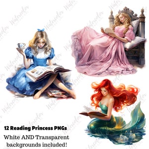 Peut inclure: Une collection num&eacute;rique de 12 illustrations &agrave; l'aquarelle repr&eacute;sentant trois personnages lisant des livres : une silhouette en robe bleue avec une tasse, une autre en robe rose sur un tr&ocirc;ne, et une sir&egrave;ne aux longs cheveux roux dans l'eau.