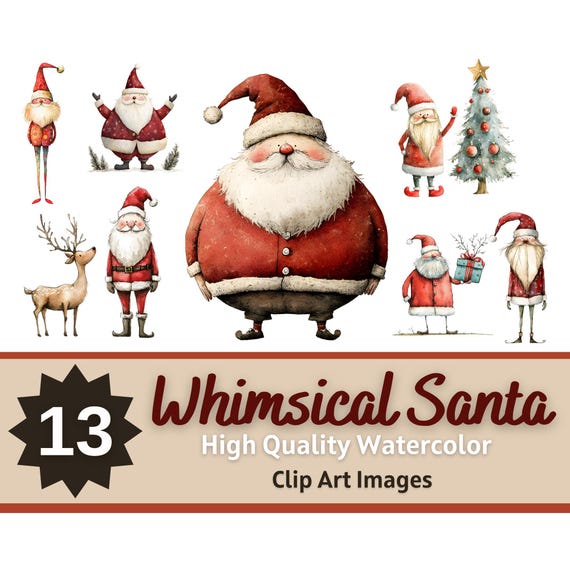 Whimsical Santa Clipart Watercolor PNG | Santa Claus PNG | Christmas Cardmaking | Junk Journal Art | Holiday Planner | Quirky Clipart