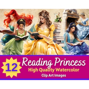 Fairytale Clipart Reading Princess PNG Acquerello Bundle / Amante dei libri Junk Journal stampabile / Fantasy Clipart / Inviti per feste di compleanno