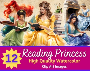 Fairytale Clipart Reading Princess PNG Watercolor Bundle | Book Lover Junk Journal Printable | Fantasy Clipart | Birthday Party Invitations